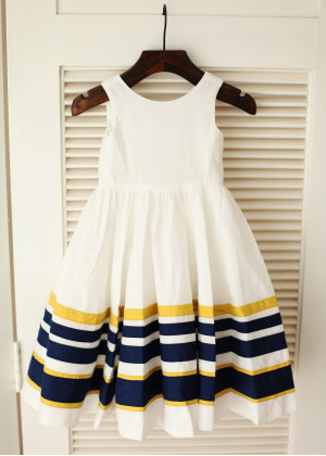 Ivory Taffeta Double Color Striped Flower Girl Dress
